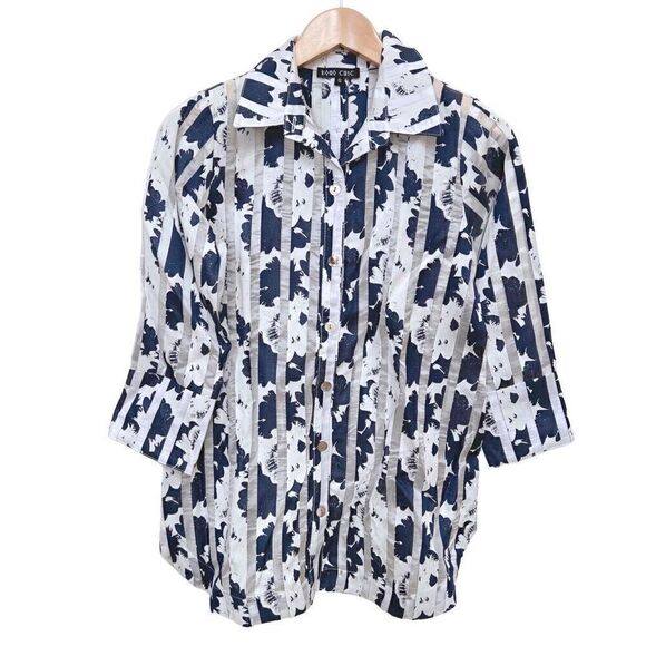 Boho Chic NYC Floral Printed Striped Button Up Collared Tunic Top Shirt Artsy S - Picture 1 of 13